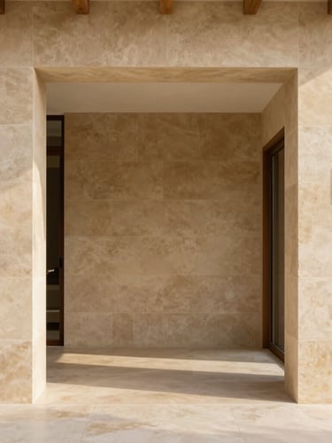 Straight-on architectural elevation of a luxury villa interior, warm sand-beige limestone walls, natural daylight casting soft shadows, minimalist wooden joints, high-end Saudi craftsmanship, 35mm editorial photography.