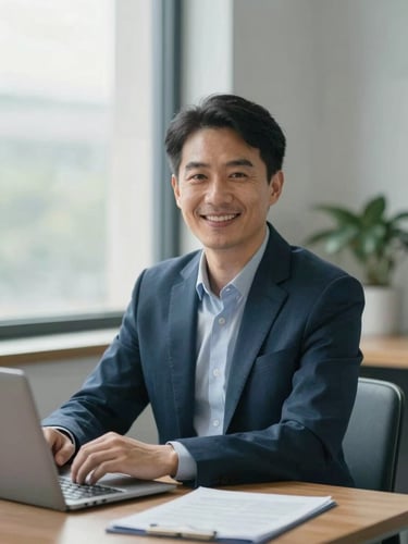 A professional, approachable regional insurance advisor sitting at a wooden desk in a bright, natural office setting, soft window light, muted blue and slate tones, shallow depth of field, looking towards the camera with a warm, genuine expression.