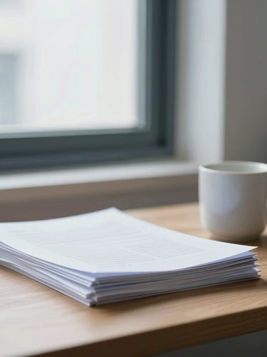 A bright, natural office setting with soft window light, showcasing a wooden desk with neatly stacked papers and a ceramic mug, shallow depth of field