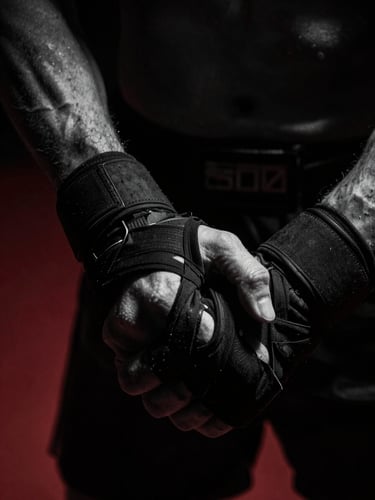 Black and white dramatic close-up of a fighter's wrapped hands, high-contrast low-key lighting, deep shadows, 35mm lens
