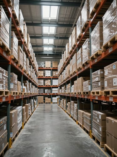 Wide interior shot of an organized warehouse, rows of industrial shelving loaded with boxed inventory stretching toward a far wall, overcast daylight filtering through high clerestory windows, no staff visible, conveying scale and operational order