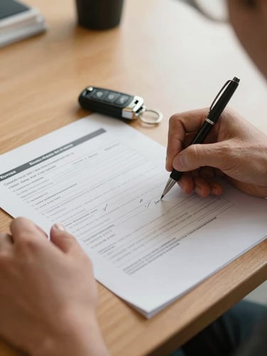 Close-up of hands reviewing vehicle documentation papers on a dealership desk under warm tungsten light, a car key fob resting beside the paperwork, pen in hand mid-signature, no faces visible