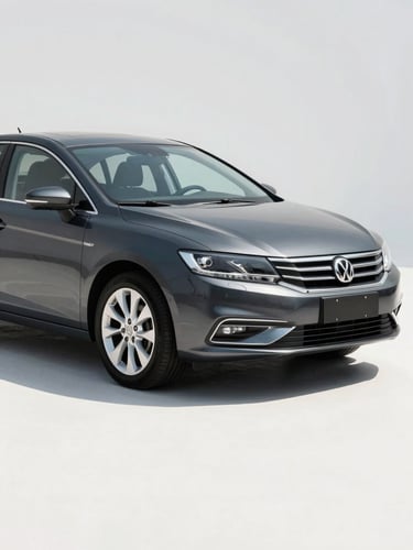 Three-quarter front view of a dark grey sedan on a clean white studio floor, crisp daylight from the left casting a sharp shadow, chrome trim and alloy wheels sharply resolved, right edge of the car kissing the frame boundary