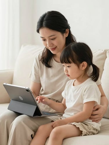 A mother and her young daughter sitting together on a warm cream couch, interacting with a playful educational app on a tablet, soft diffused window light, 35mm