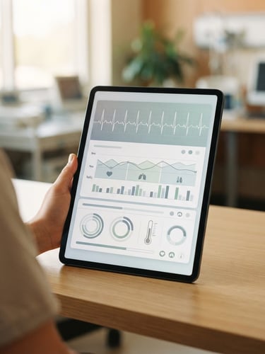 Close-up of a modern tablet displaying a clean medical dashboard, soft natural daylight, gentle muted tones, shallow depth of field, 35mm