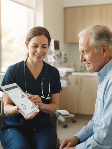 A clinician in a bright, modern clinic showing a clean medical application interface on a tablet to a patient, soft natural daylight, shallow depth of field, 35mm