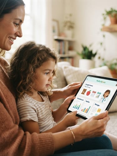 A clean tablet device showing a friendly pediatric health portal, held by a parent and child in soft natural daylight, warm editorial photography, shallow depth of field
