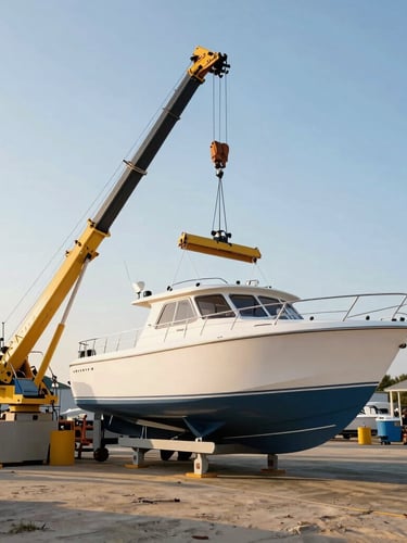 A haul-out crane lifting a modern cabin cruiser boat at a Virginia Beach boatyard, bright coastal daylight, professional marine environment, 35mm lens.