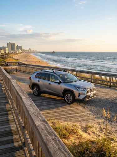 Bright coastal photography of a modern family SUV parked near a Virginia Beach oceanfront lookout, soft golden-hour daylight, clean blue and warm sand tones.