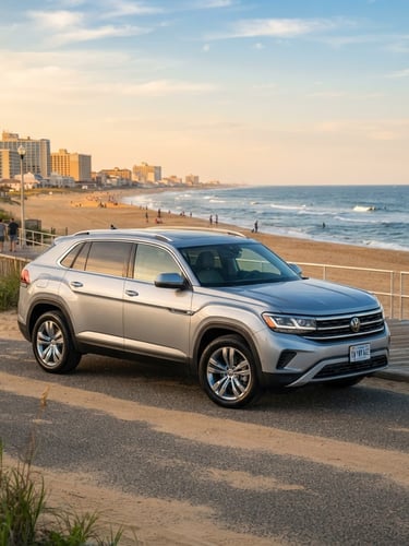 A modern family SUV parked near the Virginia Beach oceanfront during soft golden hour, bright coastal daylight, clean blue tones.