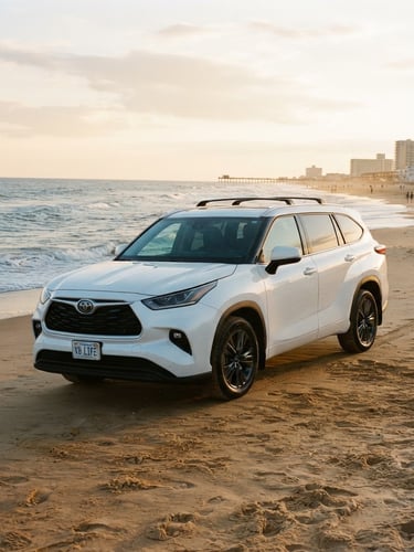 Bright coastal photography of a clean family SUV parked near the Virginia Beach oceanfront during golden hour, soft sand tones, 35mm lens.