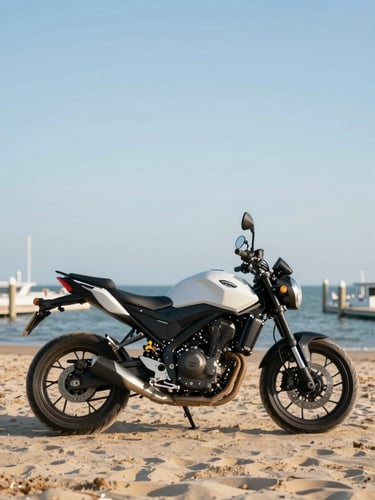 A clean modern motorcycle parked near a Virginia Beach marina, bright coastal daylight, soft sandy tones, 35mm lens