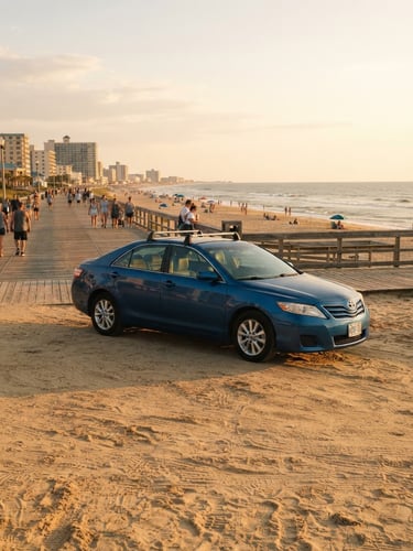 Bright coastal photography of a family sedan parked near the Virginia Beach boardwalk, soft golden-hour daylight, warm sand tones.