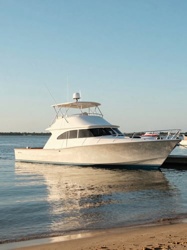 A sleek sport fishing boat docked at a Virginia Beach marina, bright coastal daylight, calm water reflecting warm sandy-gold light, 35mm lens.
