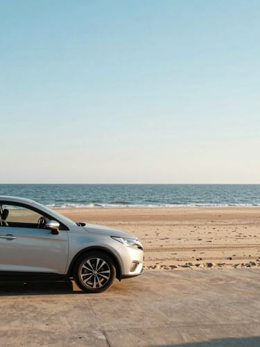 Bright coastal photography of a family car parked near a Virginia Beach coastal spot, soft golden-hour daylight, clean blue and warm sand tones, 35mm lens