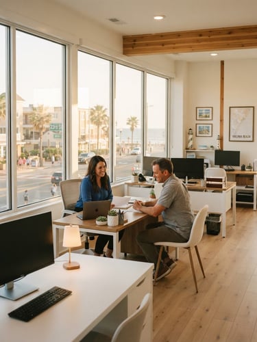 Bright coastal photography of a professional insurance office interior on 23rd Street in Virginia Beach, soft golden-hour daylight streaming through wide windows, clean desks, 35mm lens
