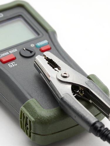 Crisp technical close-up of a ruggedized insulation tester terminal, heavy-duty alligator clips connected to a high-voltage busbar, cool industrial light.