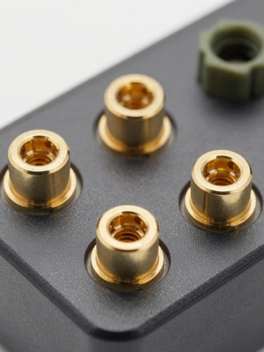 Macro close-up of gold-plated terminal probes and heavy-duty connection sockets on a dark gray instrument panel, crisp technical studio lighting, sharp focus