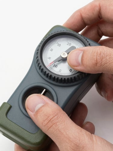 Macro close-up of a calibration technician adjusting a ruggedized dial on an insulation tester, sharp technical lighting, dark gray and olive green accents, 50mm lens