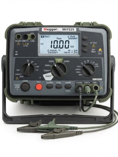 Crisp technical product photography of high-voltage insulation testers on a white studio background, sharp focus, technical dials, olive green accents.