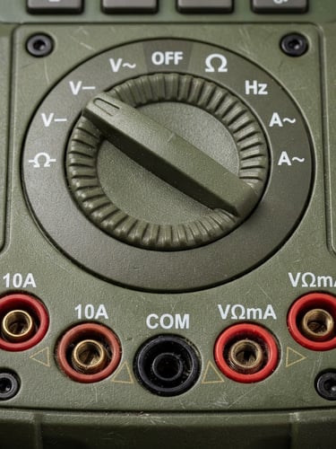 Macro technical close-up of a ruggedized digital multimeter terminal, olive green casing, heavy-duty rotary dial, crisp technical studio lighting, sharp focus, 50mm lens