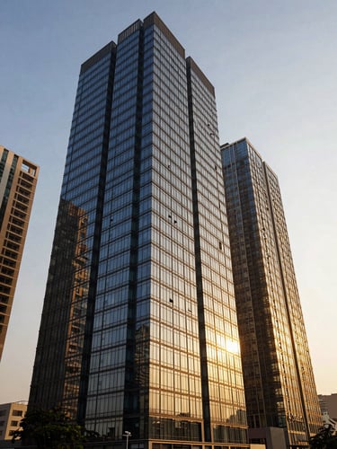 Wide-angle architectural shot of modern high-rise buildings in Navi Mumbai during sunset, golden hour light reflecting off glass facades, clean perspective