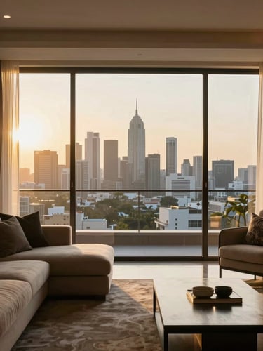 High-end interior photography of a sunlit living room looking out over the Mumbai skyline, warm golden-hour light pouring through floor-to-ceiling windows, 35mm lens.