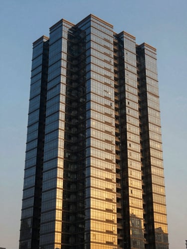 Architectural exterior of a modern Mumbai high-rise apartment building, warm golden-hour sunlight reflecting off the glass facade, sharp focus, 35mm lens