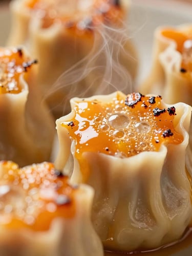Close-up macro of freshly torched dimsum mentai with bubbling orange sauce and steam rising, warm side-lighting, appetizing texture