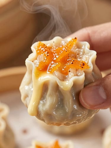 Close-up macro shot of a hand lifting a plump dimsum heavily coated with creamy, torched orange mentai sauce, stretching cheese, warm steam rising, shallow depth of field