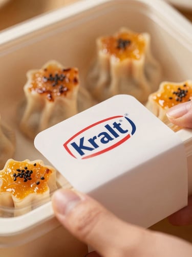 A warm delivery scene, a close-up of a neatly packed Kraft paper box of dimsum mentai being handed over, soft afternoon light, focus on the packaging sticker