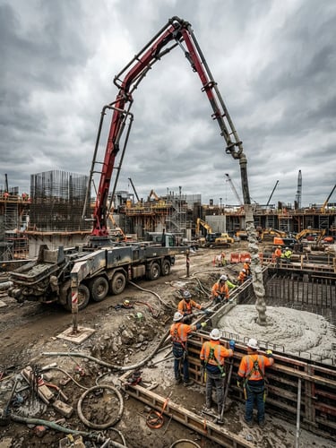 Low-angle heroic shot of a heavy-duty concrete pumping rig discharging cellular foam concrete on a massive industrial construction site, workers in high-vis gear, high-contrast overcast daylight, industrial construction photography.