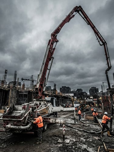 Low-angle heroic shot of a heavy-duty concrete pumping rig on an industrial site, workers in high-vis gear, overcast daylight, high-contrast charcoal tones.