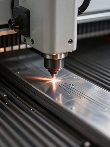 Close-up of an industrial laser engraving machine in action, high-contrast directional lighting catching the metallic sheen of raw steel, precise laser beam cutting a clean technical design, macro framing