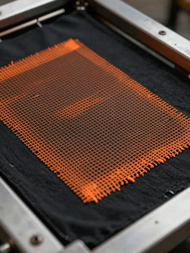 Macro shot of industrial screen printing mesh, orange ink passing through the weave onto black heavy cotton fabric, dramatic workshop lighting.