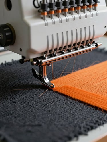 Extreme macro shot of an industrial embroidery machine needle threading vivid orange yarn into thick charcoal canvas, sharp focus, dramatic side workshop lighting.