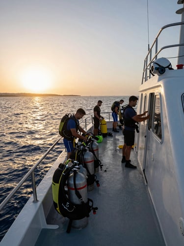 Dive boat at work on Red Sea surface at early morning, crew preparing tanks and BCDs on deck, golden sunrise light low on the horizon, open water and distant coastline behind