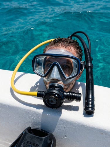 Close-up of scuba regulator and dive mask resting on a boat gunwale, Red Sea turquoise water in the background under direct midday sun, dive fins visible at the lower edge