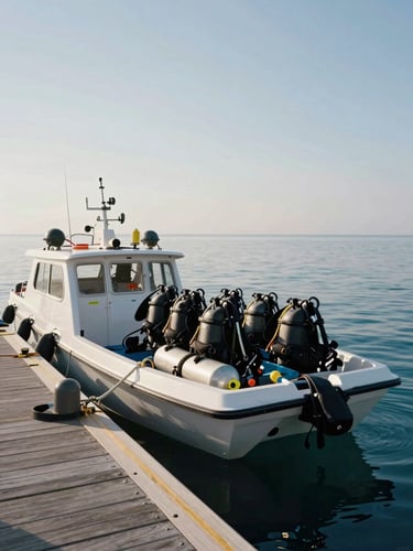 Dive boats moored at a resort jetty in direct morning light, tanks and BCDs stacked on the dock, calm Red Sea water reflecting the sky, no people posed — operational texture