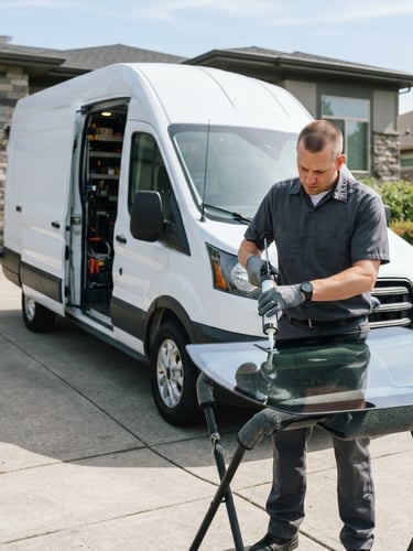 A clean, modern mobile service van parked in a bright residential driveway, a technician in a professional uniform carefully preparing a new windshield under clear daylight.