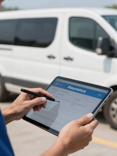 Close-up of a technician's hands using a digital tablet to process an insurance claim, with a clean mobile service vehicle in the soft-focus background under bright daylight.