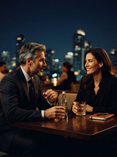 Cinematic medium shot of two executives in deep conversation at a low-lit rooftop lounge, warm amber lighting reflecting on crystal glassware, deep navy night sky in the background, shallow depth of field, premium editorial style.