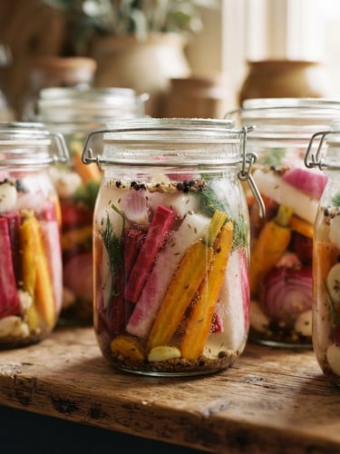 Macro shot of elegant glass jars filled with colorful lacto-fermented root vegetables, soft diffused daylight, warm wood background, shallow depth of field, 35mm