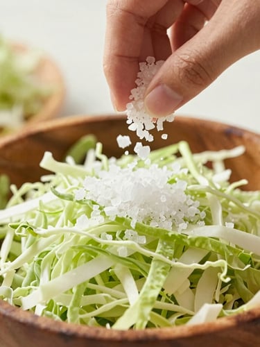 Close-up of hands pouring sea salt over shredded green cabbage in a rustic wooden bowl, soft natural light, sage green tones