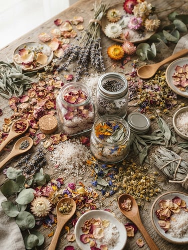 Overhead flat-lay of dried flower petals, small glass jars with preservation salt, soft morning daylight, organic sage and oatmeal tones