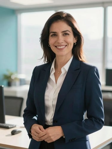 Warm editorial portrait of a professional financial advisor in a sunlit Zapopan office, smiling, looking slightly off-camera, professional and approachable, shallow depth of field