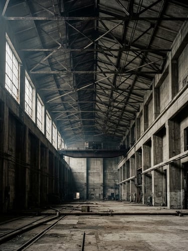 Wide shot of a soaring concrete industrial interior, exposed steel trusses, dramatic natural light from high windows, 35mm film grain, high contrast, desaturated tones