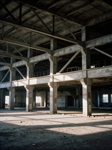 Wide shot of exposed steel trusses and raw concrete textures inside an abandoned factory, dramatic natural light casting long shadows, 35mm film grain.