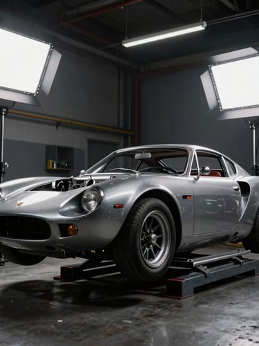 Low-angle environmental shot of a clean, gritty European racing workshop, a classic sports car chassis on a lift, dramatic studio lighting, 50mm lens