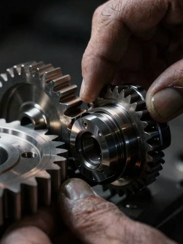 Tight macro shot of a master mechanic analyzing a high-precision metal gear under sharp workshop daylight, metallic highlights.
